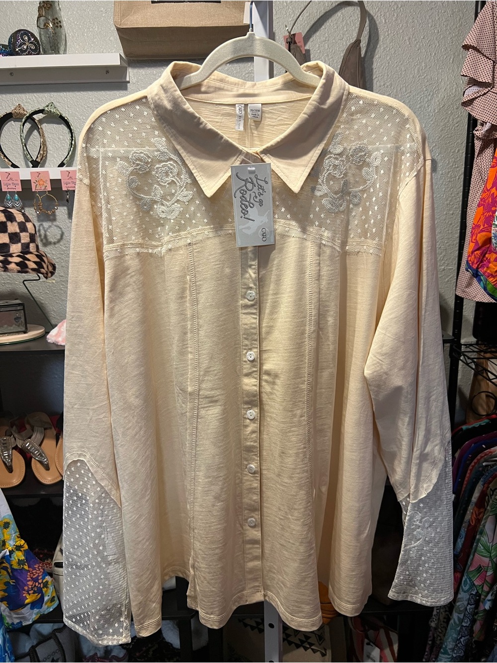 Cato Cream Lace Yoke Button-Up Blouse